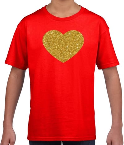 Feestkleding t-shirt - kinderen - met gouden glitter hartje - rood - korte mouwen 104/110