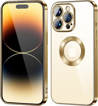 Hoesje Geschikt voor iPhone 14 Pro Magsafe hoes backcover – Lens beschermer – Transparant / Goud