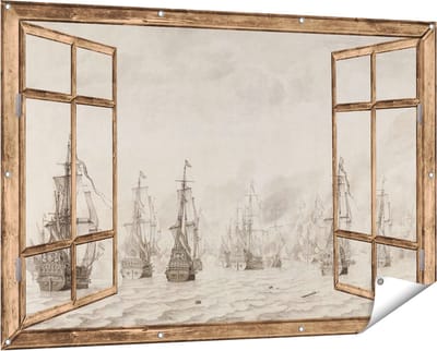 Gards Tuinposter Doorkijk De Zeeslag tegen de Spanjaarden bij Duinkerken - Willem van de Velde - 150x100 cm - Tuindoek - Tuindecoratie - Wanddecoratie buiten - Tuinschilderij