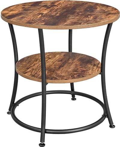 Bijzettafel - rond - 2 planken - diameter 55 cm - zwart met bruin - metaal en houtlook