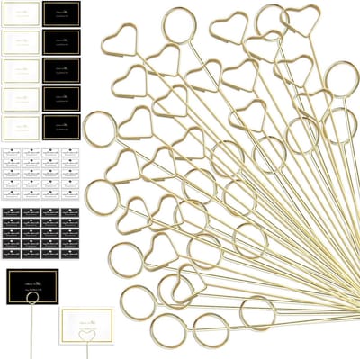 Bloemen Tafelkaarthouders, 80 Stuks Tafelnummerclips met 10 Wenskaarten en Stickers, Ronde Hartvormige Gouden - ShopVlot