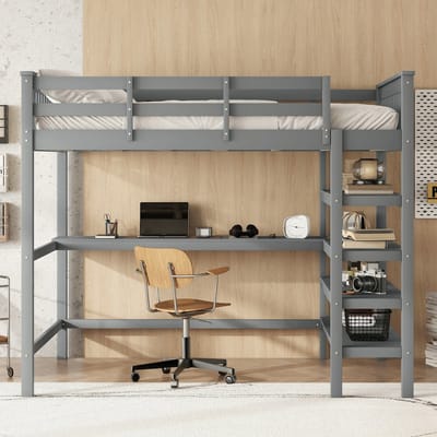 VVBV Kinderhoogslaper 140x200 cm - Bureau, Planken, Voor Kinderen/Tieners - Grijs - Zonder Matras