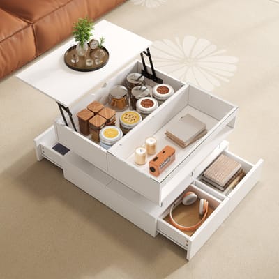 MODENUIT Salontafel - Hefbaar Blad Met Ledverlichting En Laden - Voor Woonkamer - Wit Spaanplaat - 70x67x57 cm