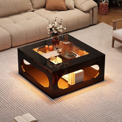 Sweiko Vierkante Salontafel - 70 x 70 x 35 cm - Glazen blad - Hoogglans - LED-verlichting - Zwart