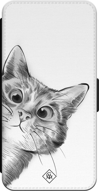 Casimoda® bookcase - Geschikt voor iPhone 15 - Hoesje met pasjeshouder - Kat Kiekeboe - Wit - Kunstleer