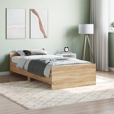 Gecheer Modern bedframe voor eenpersoonsbed, 90 x 200 cm, van meerlaags hout, Sonoma-eiken, met hoofd- en voeteneinde