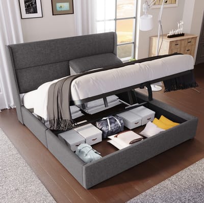 MEUNIQ gestoffeerd tweepersoons opbergbed 160x200 cm met verstelbare hoofdsteunen, hydraulische opbergruimte en metalen lattenbodem voor slaapkamer, grijs