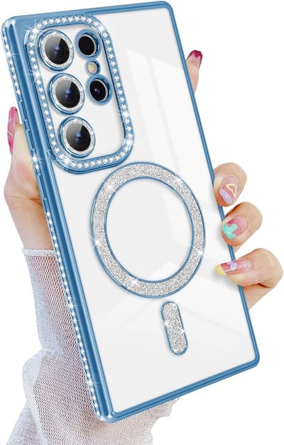 Diamant Glitter Telefoonhoesje Geschikt voor Magsafe met Camera Bescherming voor Samsung Galaxy S22 Ultra - FuturiQ - Blauw