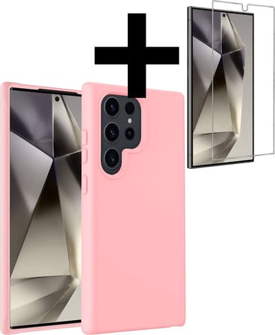 Hoesje - Met Screenprotector - Geschikt voor Samsung Galaxy S24 Ultra - Sterk & Shockproof - Back Cover - Siliconen Case - Telefoon Hoes - Telefoonhoesjes - Lichtroze