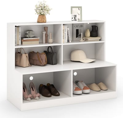 COSTWAY Schoenenkast, 2-in-1 combinatie van rek en schoenenbank, moderne schoenenorganizer met 6 vakken, voor woonkamer, hal, entree, wit, 120 x 50 x 90 cm