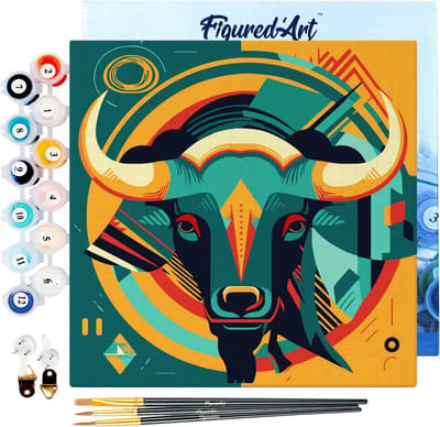 Figured'Art Mini Schilderen op Nummer Volwassenen 20x20cm met lijst Stier Art - Deco-geïnspireerde Abstractie - Klein Formaat Creatieve Hobby Kit DIY Art Nummer Compleet