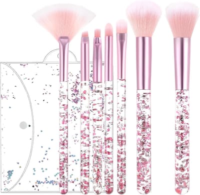 Set van 7 Make-upkwasten voor Vrouwen, Roze Kwasten voor Blush, Foundation en Oogschaduw met Sprankelende Handvatten en Sequins