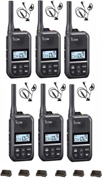 Set van 6 Icom IC-U20SR IP54 mini Portofoon met tafel lader en D-shape oortje
