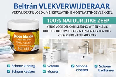 BELTRÁN VLEKVERWIJDERAAR: VERWIJDERT BLOED-, MENSTRUATIE- EN ONTLASTINGSVLEKKEN. 100% NATUURLIJKE ZEEP, VEILIG VOOR DELICATE KLEDING, WIT EN KLEUR. OOK GESCHIKT OM JE EIGEN ALLESREINIGER TE MAKEN VOOR KEUKEN EN BADKAMER.