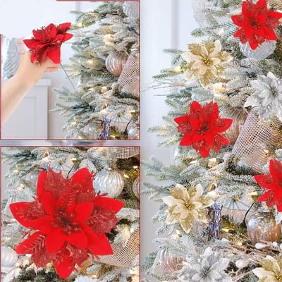 Premium Kunstkerstbloemen met Glitter Poinsettia, Niet-elektrisch, Veerloos, Ideaal voor Vakantie Krans- en Guirlande Decoratie gray