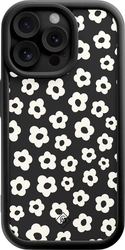 Casimoda® hoesje - Geschikt voor iPhone 15 Pro Max - Retro Bloempjes - Effen telefoonhoesje met lensbescherming - Siliconen/TPU - Backcover - Zwart