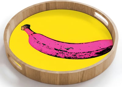 Dienblad rond 40x40 cm - Schootdienblad hout - Banaan - Grafisch - Geel - Borrelplank rechthoek - Plateau houten dienbladen