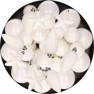 Kerstversiering kunststof kerstballen winter wit 6-8-10 cm pakket van 62x stuks - Kerstboomversiering