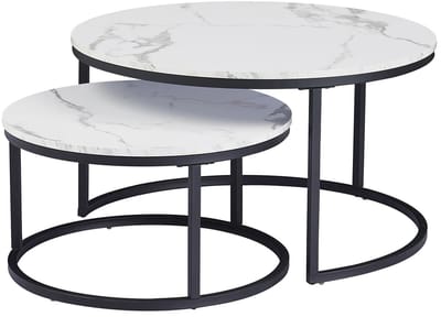 Allero Salontafel - Salontafel Rond - 40 cm - 60 cm - 2 Stuks - Salontafels - Marmeren Salontafels - Metalen Onderstel - Wit Blad