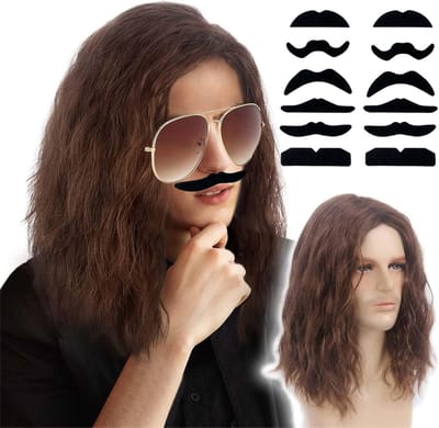 Lange Bruine Perucque voor Mannen, Golvend en Gelaagd Haar, Perfect voor Halloween en Cosplay, Ideaal voor Feestjes en Theatrale Optredens