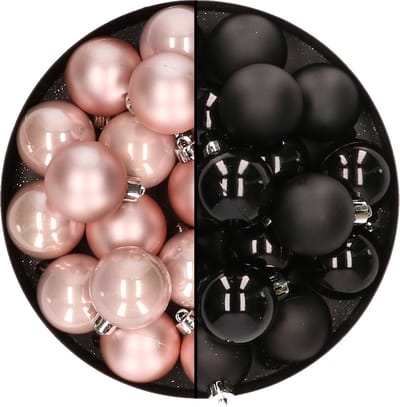 32x stuks kunststof kerstballen mix van lichtroze en zwart 4 cm - Kerstversiering