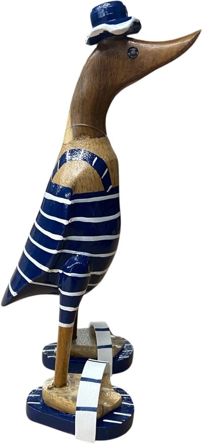 Handgemaakte Houten Eend met Flip-Flops en Blauw Badpak – 27 cm – Decoratief Beeld – Uniek Design