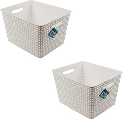Opbergbakjes Lade Organizer | Set van 2 Witte Kunststof | 36 cm x 29.5 cm x 22 cm | 17 Liter elk | Rattan Mand Zonder Deksel Voor Woonkamer, Slaapkamer of Kinderkamer