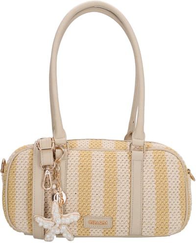 Charm London Capri Handtas - Schoudertas - Gestreept - Bag Charm - Rietlook - Dames - Zacht geel