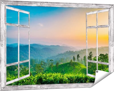 Gards Tuinposter Doorkijk Zonsondergang op een Thee Plantage - 120x80 cm - Tuindoek - Tuindecoratie - Wanddecoratie buiten - Tuinschilderij