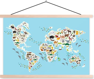 Wereldkaart met dieren voor kinderen schoolplaat platte latten blank 150x100 cm - Foto print op textielposter (wanddecoratie woonkamer/slaapkamer)