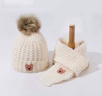 2 in 1 kindermuts sjaal set - meisjes - jongens - winter - gebreide muts, kinderen 2-7 jaar, Wit