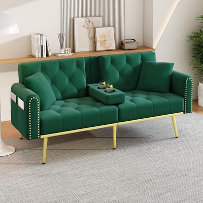 BLACKCOLORS Tweepersoons slaapbank met verstelbare rugleuning, drie verstelbare hoeken en bekerhouders. Geschikt voor de woonkamer, slaapkamer, thuisbioscoop of logeerkamer. Stoffen bekleding. Groen.