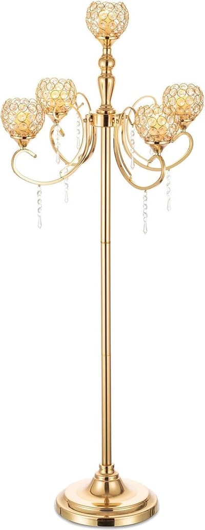 Gouden Kandelaar Middenstuk 5 Armen 125cm - Kristal Vloer Staande Kaarsenhouder