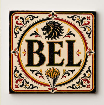 België Decoratieve Keramische Tegel – BEL Leeuw en Frietjes Design – Zwart Rood Geel Belgische Wanddecoratie Tegel – Cultureel Cadeau voor Huisdecoratie