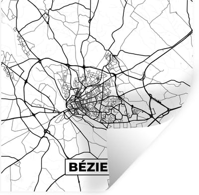 Muurstickers - Sticker Folie - Frankrijk - Béziers - Plattegrond - Stadskaart - Kaart - Zwart wit - 100x100 cm - Plakfolie - Muurstickers Kinderkamer - Zelfklevend Behang XXL - Zelfklevend behangpapier - Stickerfolie