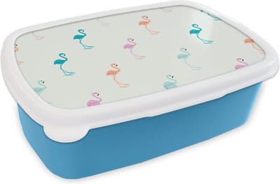 Broodtrommel Blauw - Lunchbox - Brooddoos - Patronen - Jungle - Flamingo - Pastel - 18x12x6 cm - Kinderen - Jongen