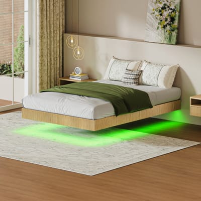 Bedframe 140x200 Met RGB LED - Zwevend Design Bed Met Versterkt Stalen Frame - Modern Houten Bed Licht Eiken