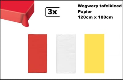 3x Wegwerp tafelkleed papier rood/wit/geel 120cm x 180cm - Carnaval Thema feest festival thema feest evenement gala