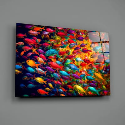 Vissen Kleurrijke Glasschilderij – 72x46 cm – Levendige Wanddecoratie op Gehard Glas