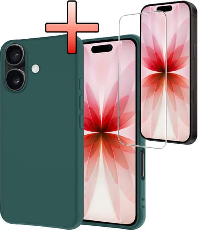 Hoesje - Met Screenprotector - Geschikt voor Apple iPhone 17 - Sterk & Shockproof - Back Cover - Siliconen Case - Telefoon Hoes - Donkergroen
