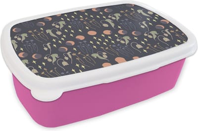 Broodtrommel Roze - Lunchbox - Brooddoos - Ruimte - Maan - Sterren - Bloemen - Patroon - 18x12x6 cm - Kinderen - Meisje
