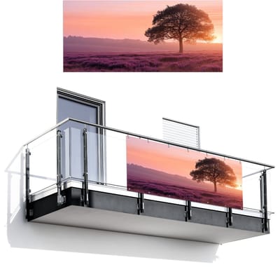 Balkonscherm 200x90 cm - Balkonposter Boom - Heide - Zonsopgang - Balkon scherm decoratie - Balkonschermen - Balkondoek zonnescherm