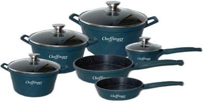 Cheffinger Pannenset - 12-delig - Groen - Inductie - Met Glazen Deksels