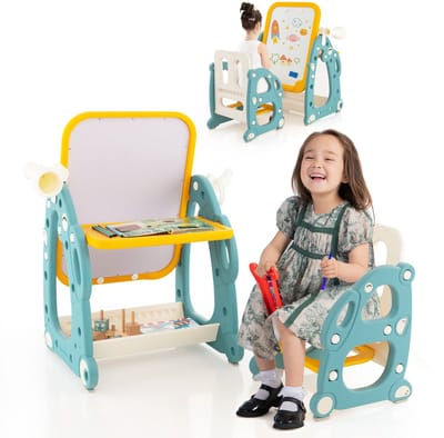 COSTWAY 4-in-1 schildersezel met stoel, in hoogte verstelbaar met 3-traps verstelbaar whiteboard, telescopisch & ringwerpspel, kinderbord met schilderaccessoires en gum, voor kinderen van 1-8 jaar