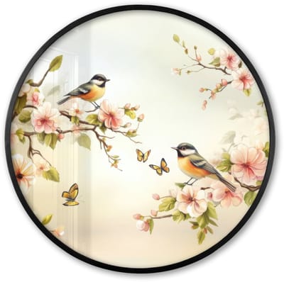 Poster in lijst Rond - Fotolijst 60x60 cm - Posters - Takken - Bloemen - Vogeltjes - Roze - Ronde posterlijst zwart - Decoratie - Wanddecoratie woonkamer - Muurdecoratie slaapkamer