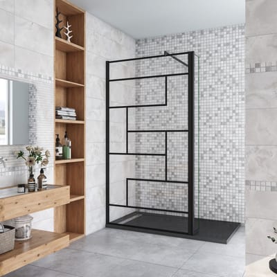 Douchewand-Inloopdouche 120x200cm draaibaar hoekprofiel 40x200cm 8mm NANO EasyClean onregelmatig zwart rooster gezeefdrukt gehard glas+70-120cm Stabilisatiestang inkortbaar