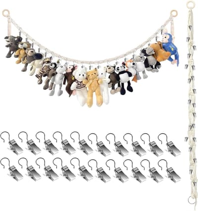 Hanging Opbergoplossing voor Knuffeldieren, Boho Stijl, Met 20 Metalen Clips voor Kinderkamer Decoratie en Organisatie