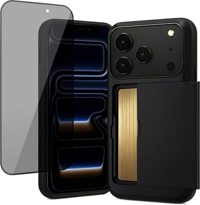 Hoesje met Pasjeshouder geschikt voor iPhone 17 Pro - Privacy Screen Protector FullGuard - Back Cover SlideCase Zwart & Screenprotector