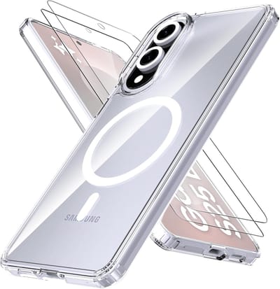 Casemania Hoesje & Glas Geschikt voor Samsung Galaxy S25 Edge - Transparant - Anti Shock Back Cover Geschikt voor Magsafe - 2X Glazen Screenprotector - Vingerafdruk-ID Compatibel