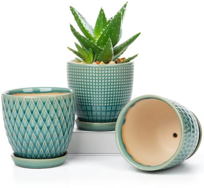 Dailygoods- Bloempot set van 3 stuks - Keramiek - Cilindrisch - Glanzende ivoorkleurige afwerking - Diameter 11,2 cm - Geschikt voor binnen en buiten - Plantenbak